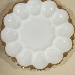 Vintage Anchor Hocking milk glass 10" egg plate with gold trim, beautiful!